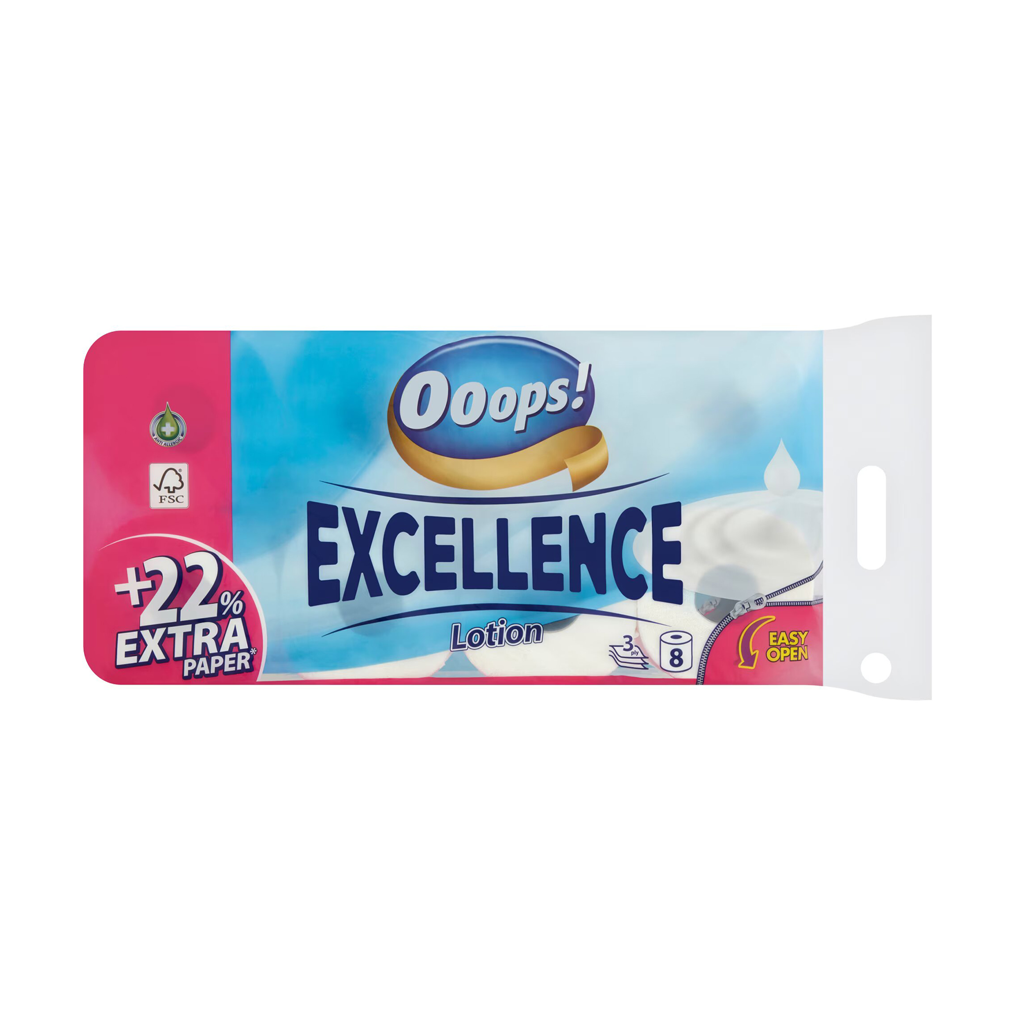 Туалетний папір Ooops! Excellence Lotion білий, 3-шаровий, 150 відривів, 8 рулонів