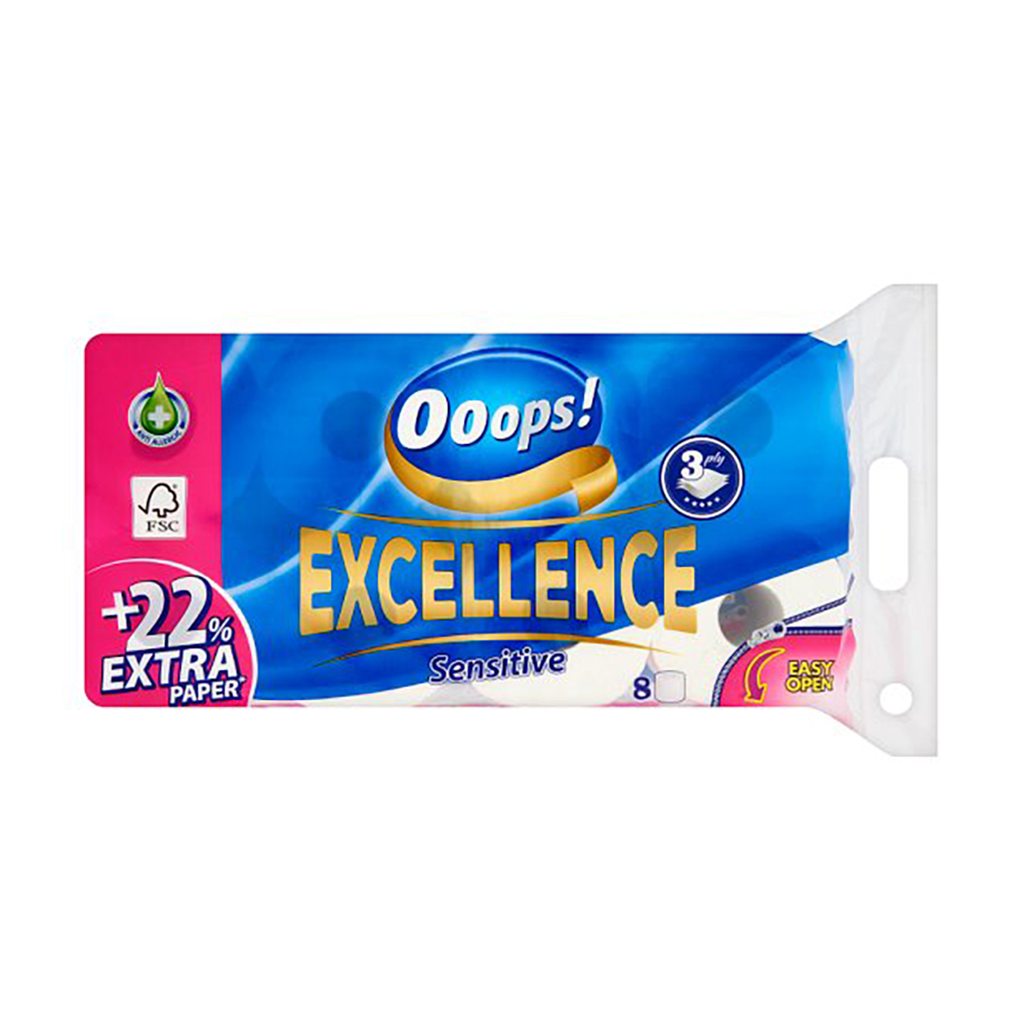 Туалетний папір Ooops! Excellence Sensitive білий, 3-шаровий, 150 відривів, 8 рулонів
