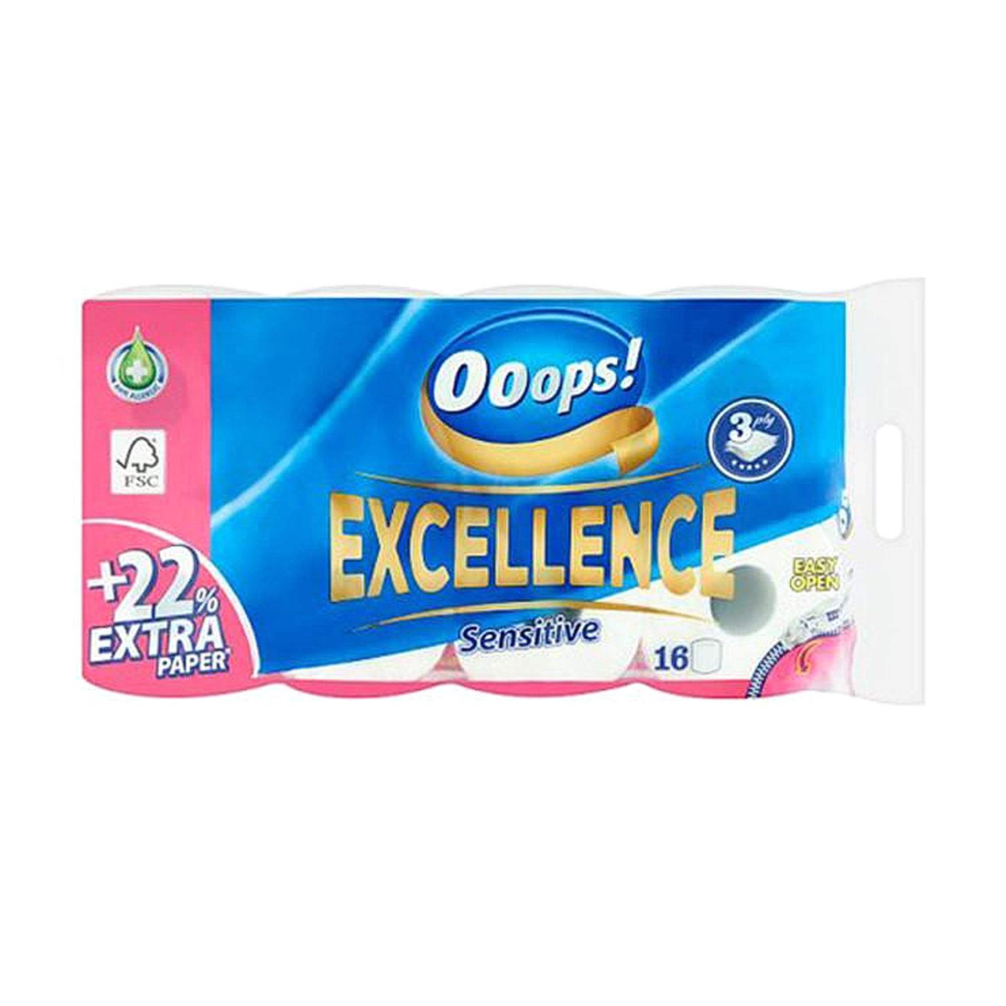 Уцінка! Туалетний папір Ooops! Excellence Sensitive білий, 3-шаровий, 150 відривів, 16 рулонів
